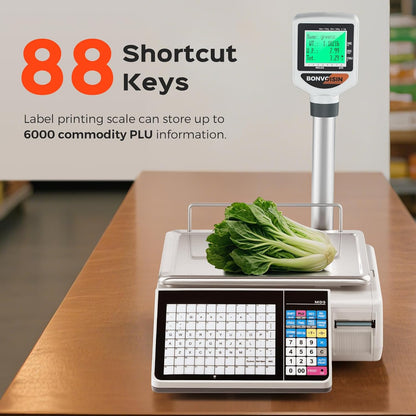 Bonvoisin Label Printing Scale 33lbs Capacity, Price Computing Scale with Label Printer Barcode Scale Deli Scale for Supermarket and Shop