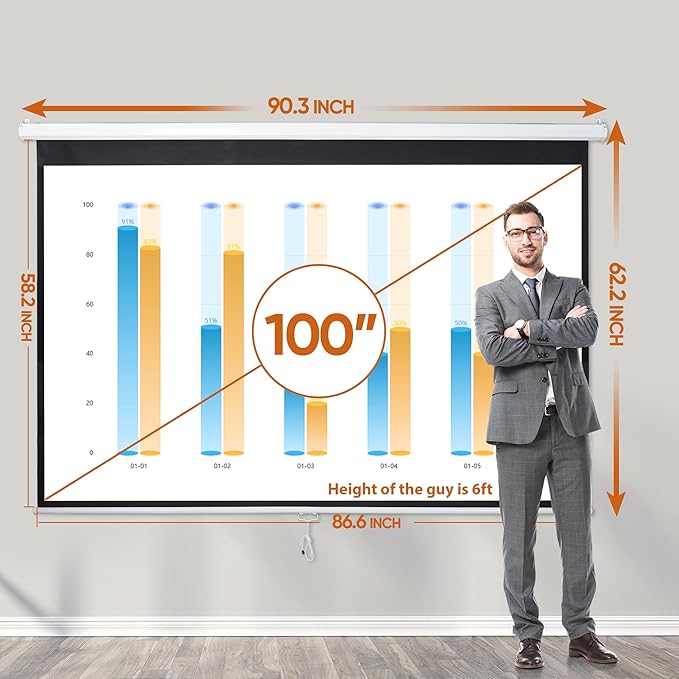 ZENY Portable Projector Screen Pull Down, 100 Inch 16:10 Video Projection Screen Home Theater, Retractable Projector Screen, Moive Screen Indoor Outdoor, Wall Mount (100'' 16:10 White)