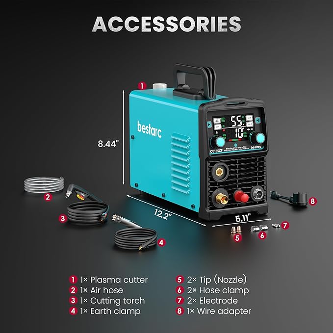bestarc Plasma Cutter, [Blow Back Pilot Arc][Large LED][Air Sensor] 55A Non-HF bestarc Plasma Cutter Machine 110V/220V Dual Voltage, 5/8" Clean Cut 4/5" Max Cut, Post Flow, 2T/4T for Beginners DIY