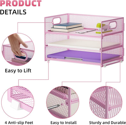 Marbrasse 3 Tier Paper Organizer Letter Tray, Mesh File Organizer with Handle, Paper Sorter Desk Organizer for Home Office Supplies(Pink)