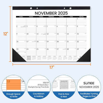 SUNEE Desk Calendar 2025-2026, 18 Months from Oct. 2025 to Mar. 2027, 17"x12" Academic 2026 Calendar for Home, School, or Office Desk Top Organizing, Black Monthy Calendar 2026