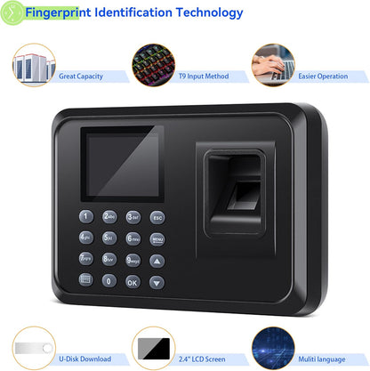 Fingerprint Time Clocks for Employees - Time Clock for Small Business Automatic Calculate Working Hours and Deduct Lunch Time, Punch and Power-off Protection with 8G USB Drive (0 Monthly Fee)