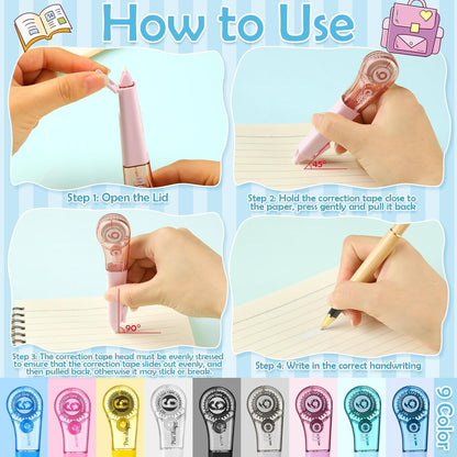 18 Pack Correction Tape Pens 1/5" X 236", 9 Color Correction Tape Pens Easy to Use Applicator for Instant Correction Students School Office Supplies
