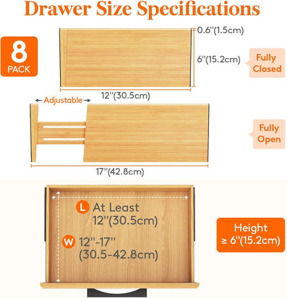 Lifewit 8 Pack Drawer Dividers Bamboo 6" High, 11-17" Adjustable Drawer Organizers for Clothes, Expandable Dresser Separators in Bedroom/Bathroom/Kitchen/Fridge/Office Organization and Storage