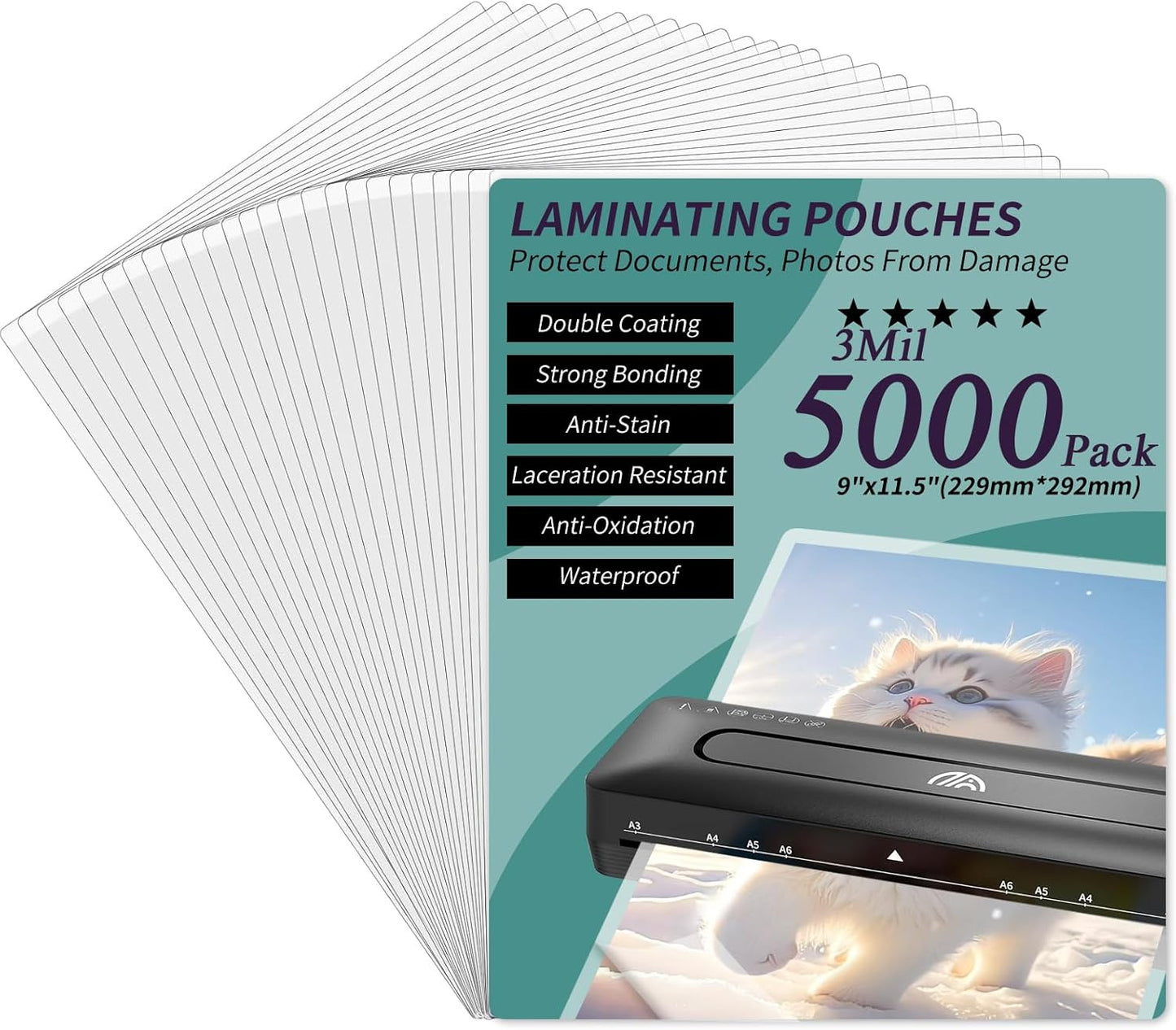 Laminating Sheets - 3Mil 5000 Pack Thermal Laminating Pouches, 9"x11.5" Clear Laminate Sheets for Schedules, Menus, Certificates, Art Drawings, Round Corner