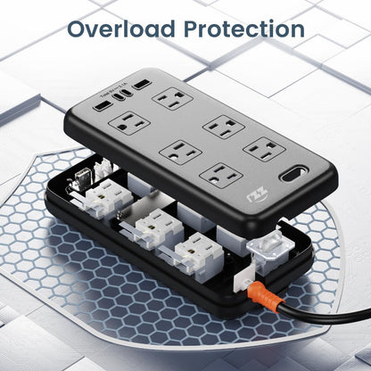 Power Strip Weatherproof, 10-in-1 Surge Protector with 6 Wide Outlets 2USB A and 2USB C,1875W/15A, 6FT Flat Plug Multi-Plug Outdoor Extension Cord for Indoor Outdoor, UL FCC Listed