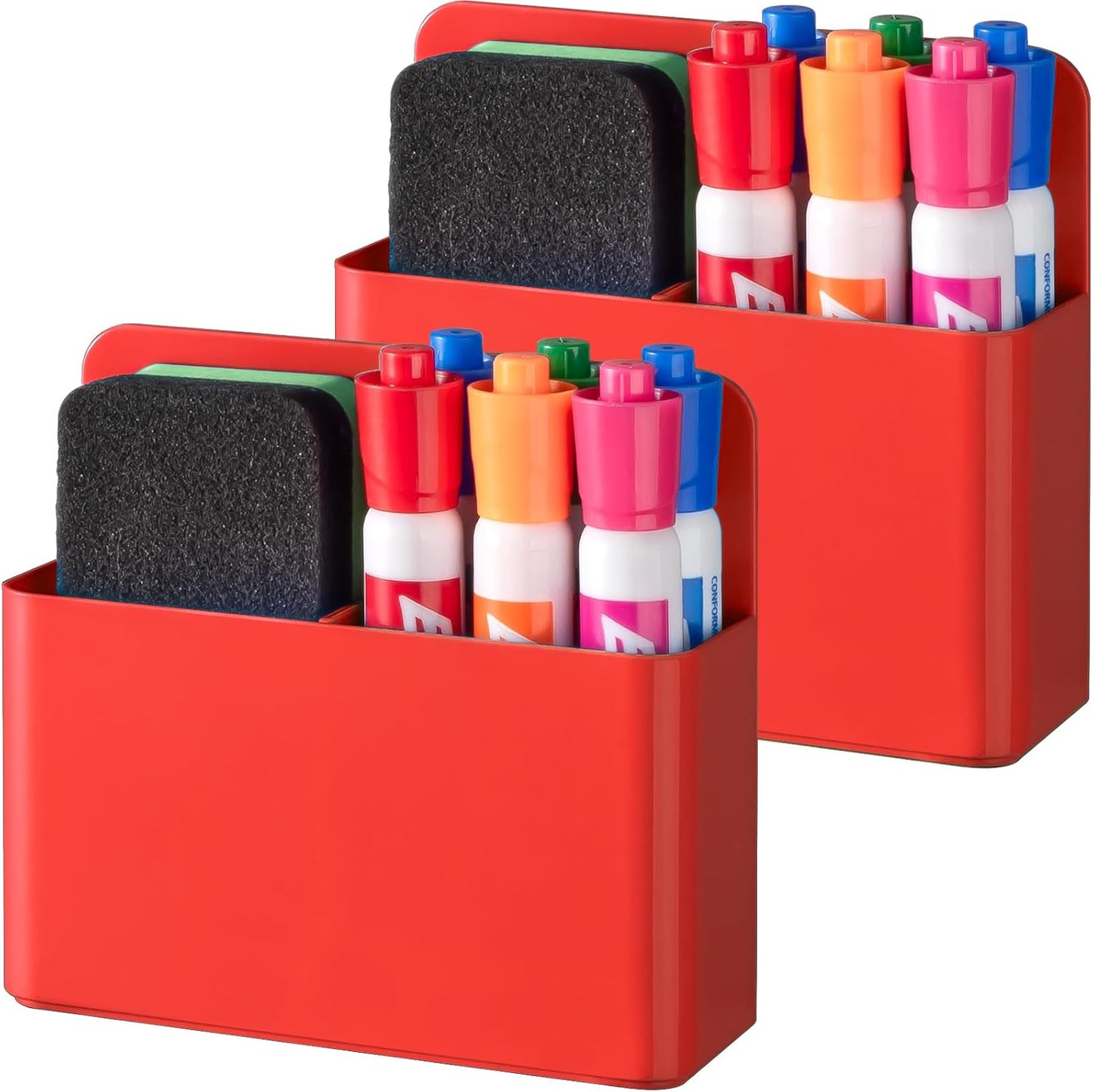 BEYGORM 2 Pack Plastics Magnetic Pen Holder for Refrigerator, Dry Erase Marker Holder for Whiteboard，Magnet School Locker Organizer Accessories, Pencil Cup, Pen Caddy, Classroom Organization(Red)