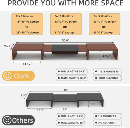 WESTREE Triple Monitor Stand Riser - Extra Long, Adjustable Length & Angle, 3 Shelf Desktop Storage for 1-3 Monitors