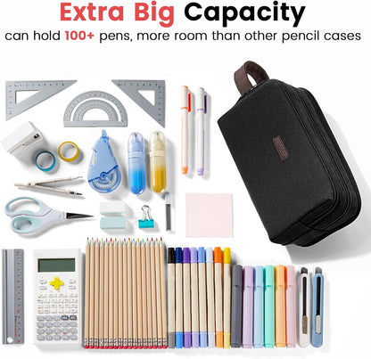 Sooez Large Pencil Case Pouch, Extra Big Pencil Pouch Pencil Bag with PU Handle & Zipper, Sturdy Pen Case with 3 Compartments, Aesthetic School College Supplies Organizer for Men Women Boys, Green