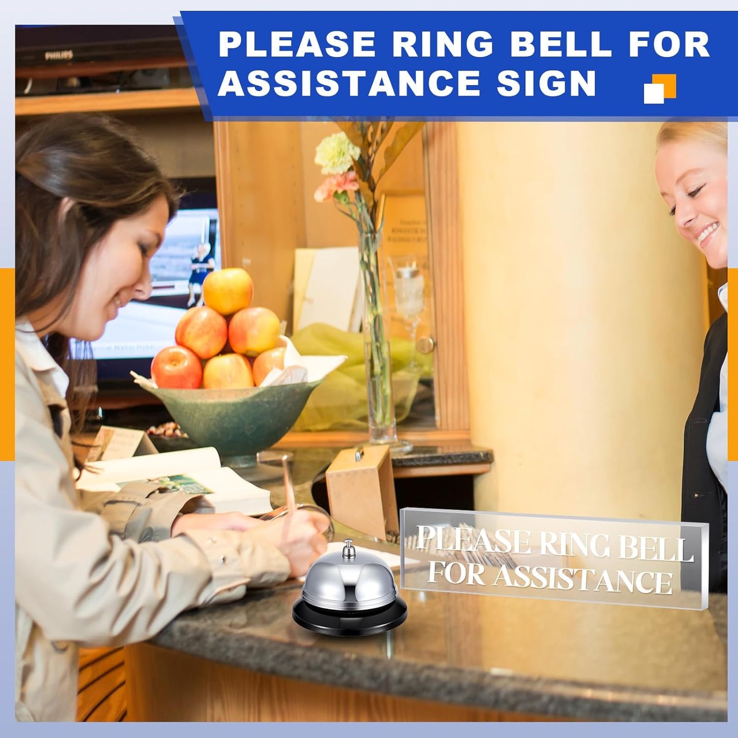 Desk Bell for Service and Please Ring Sign 2" x 8" Acrylic No Receptionist Sign Call Ring Bell for Office Hotel Restaurant Counter Reception Area