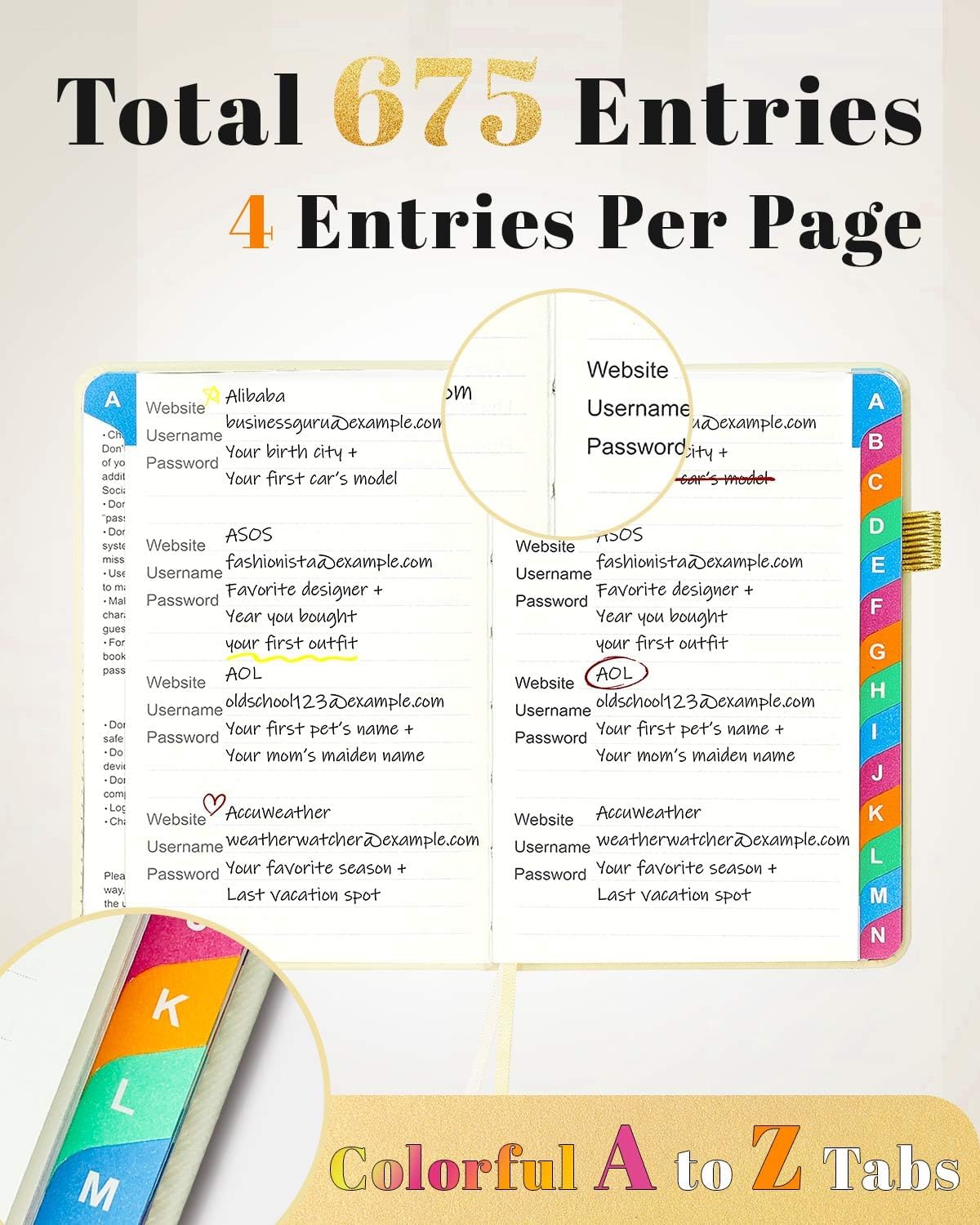 Password Keeper Book with Colorful Alphabetical Tabs, Hardcover Password Log-book for Internet Password and Website Address, 4.1'' x 6.2'' Password Notebook for Home Office (White, Small (4.1 x 6.2 Inch))