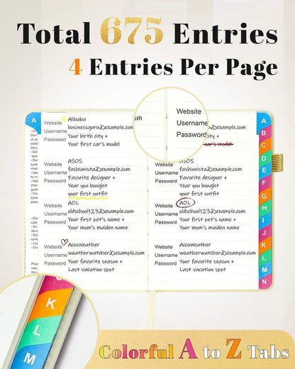 Password Keeper Book with Colorful Alphabetical Tabs, Hardcover Password Log-book for Internet Password and Website Address, 4.1'' x 6.2'' Password Notebook for Home Office (White, Small (4.1 x 6.2 Inch))