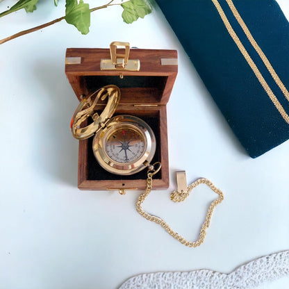Vintage Brass Sundial Compass with Wooden Box - Antique Brass & Copper Sun Clock for Camping, Hiking, Touring - Engraved Gift for Him - Nautical Ship Replica Watch - Sundial Clock in Box