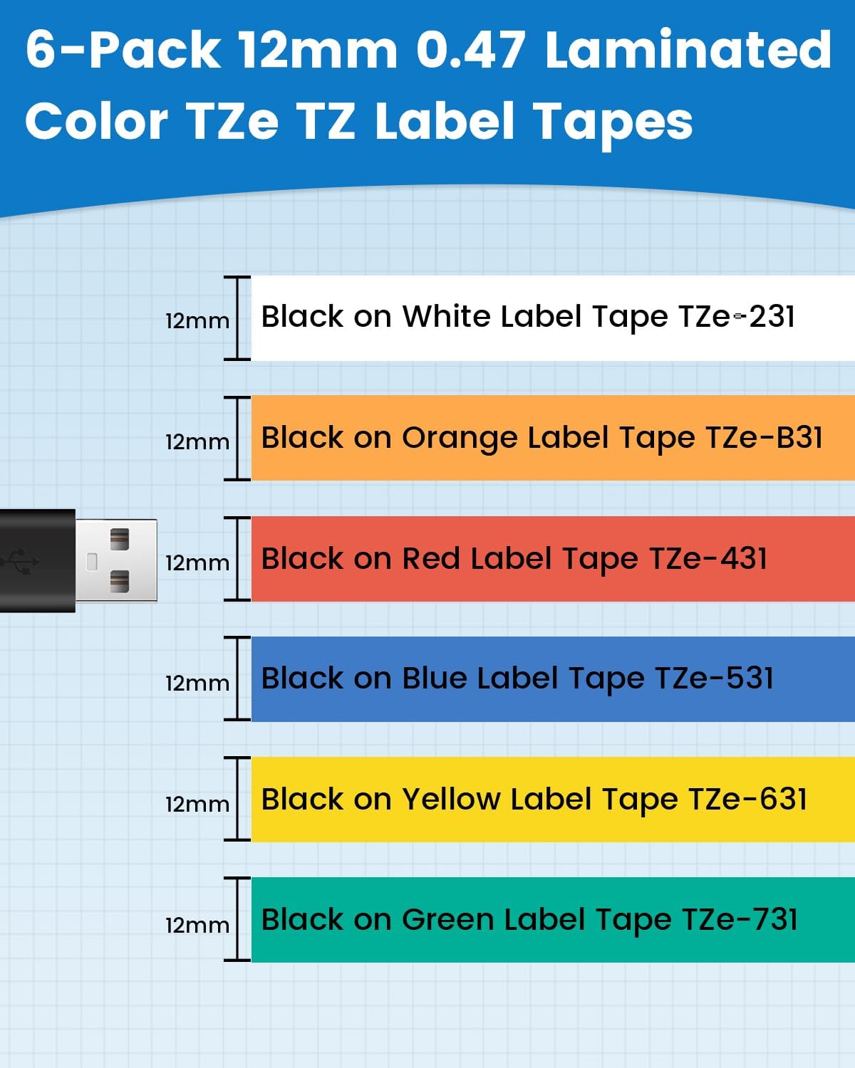 Anycolor Replace for Brother Label Maker Tape TZe TZ Tape 12mm 0.47 Laminated Color P Touch Label Tape for Brother PT-D210 PT-H110 PT-D220 PT-D610BT PT-D600, White/Orange/Red/Blue/Yellow/Green, 6-Pack