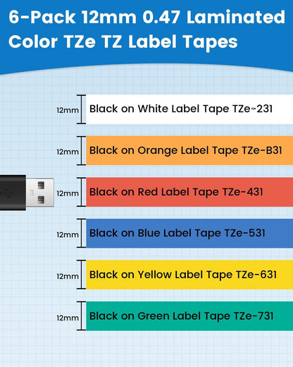 Anycolor Replace for Brother Label Maker Tape TZe TZ Tape 12mm 0.47 Laminated Color P Touch Label Tape for Brother PT-D210 PT-H110 PT-D220 PT-D610BT PT-D600, White/Orange/Red/Blue/Yellow/Green, 6-Pack