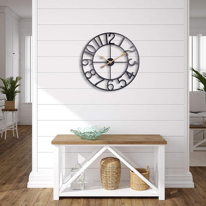 BEW 24 Inch Metal Clock, Large Cut-Out Farmhouse Decorative Wall Clock Battery Operated, Silent Non-Ticking Indoor Outdoor Iron Wall Clock for Living Room, Patio