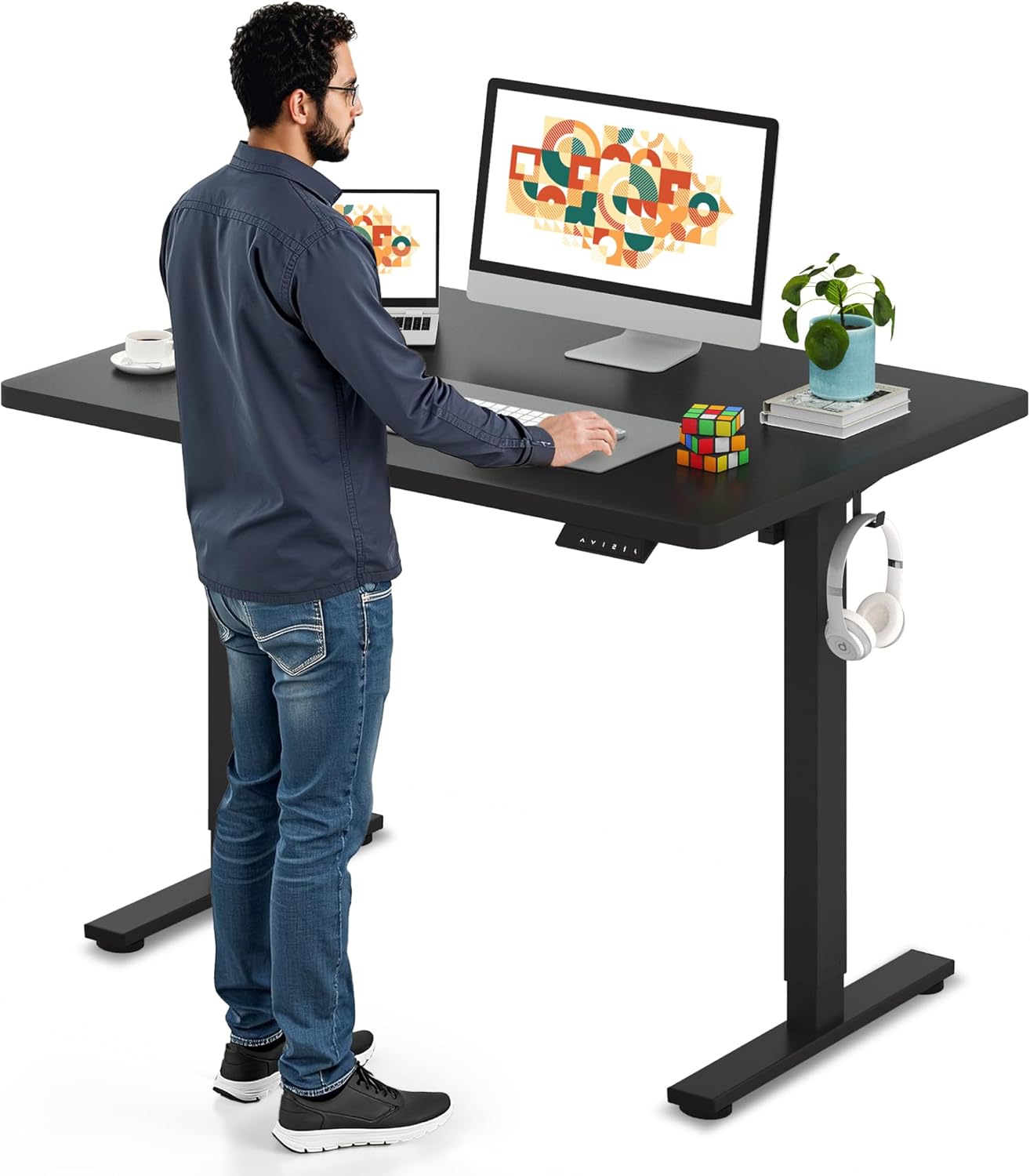 SANODESK Electric Standing Desk 48 x 30 Inches Whole-Piece Desktop Height Adjustable Stand Up Desk w/6-Button Controller Ergonomic Computer Desk for Home Office, Black Frame + Black Tabletop