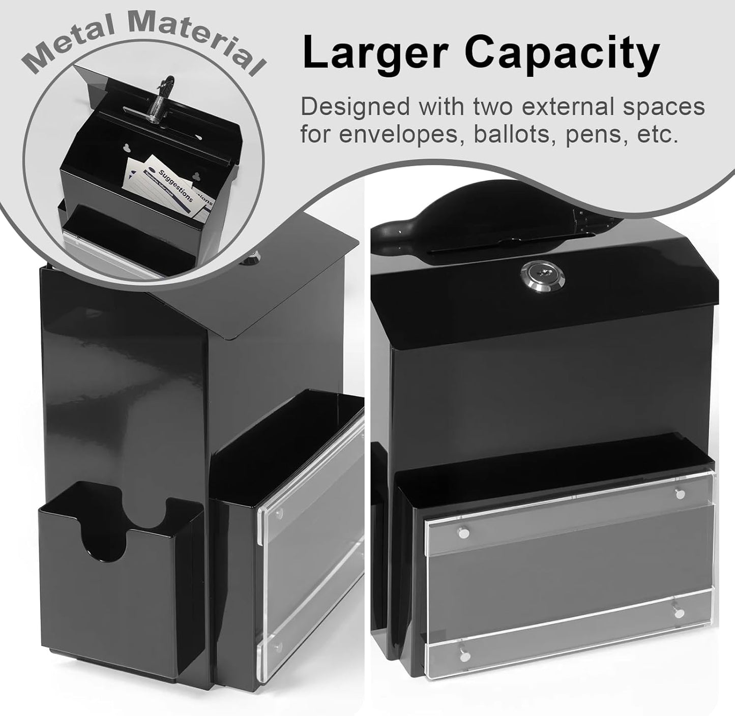 Suggestion Box with Magnetic Sign Holder, Metal Donation Boxes with Lock and Slot, Prayer Drop Ballot Raffle Tip Jars Wall Mounted Box for Fundraising Churches Offices School Black