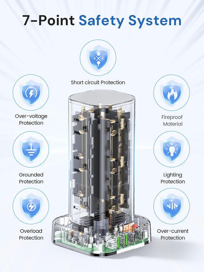 Tower Power Strip with Surge Protector - 12 AC Outlets & 4 USB Ports (2 USB-C), 6FT Extension Cord, Charging Station Tower for Home Office Dorm Travel (Black)