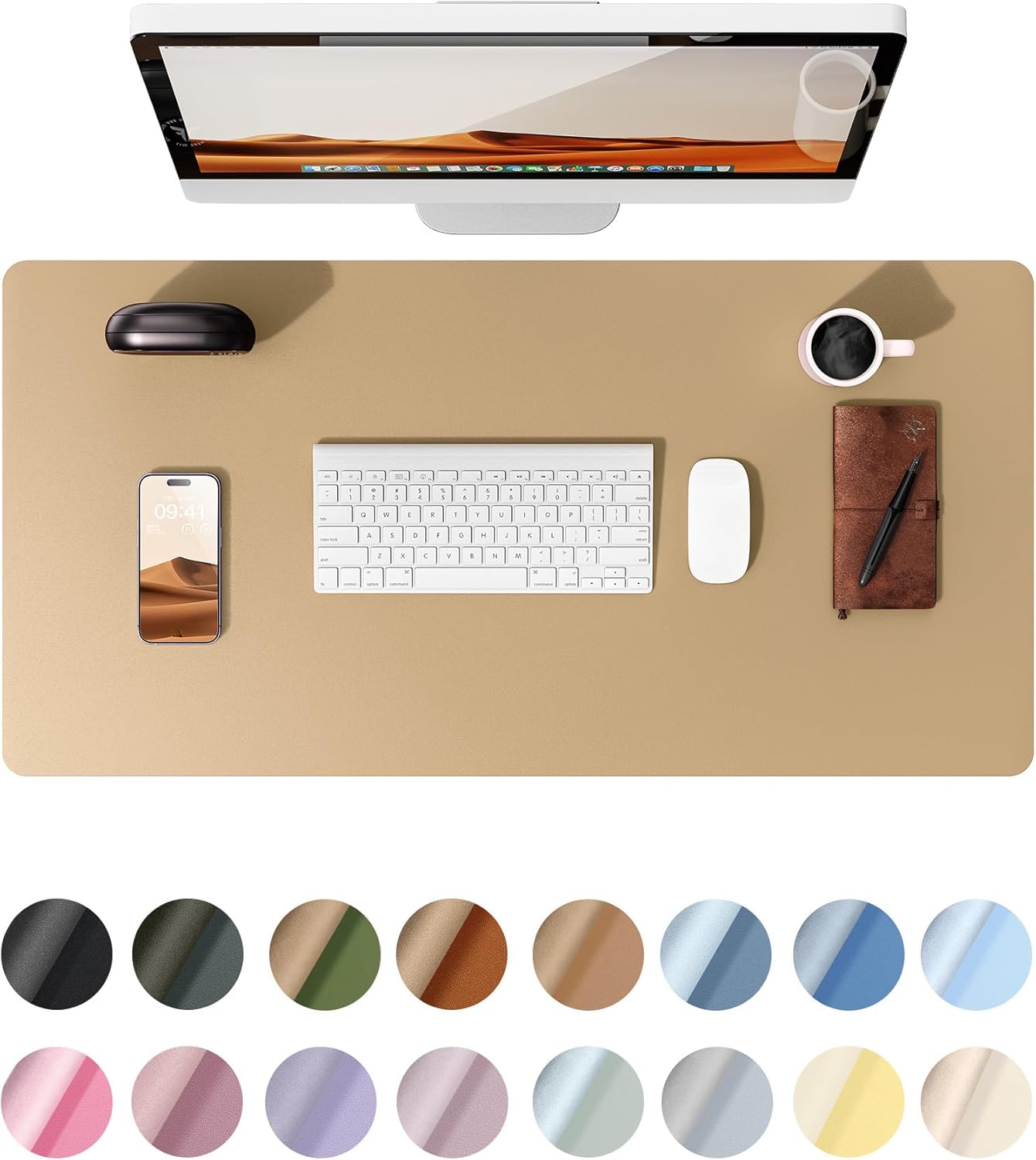 YSAGi Leather Desk Protector, Office Mat, Large Mouse Mat, Non-Slip PU Leather Blotter, Laptop Desk, Waterproof Writing Pad for Office and Home (Latte, 35.4" x 17")