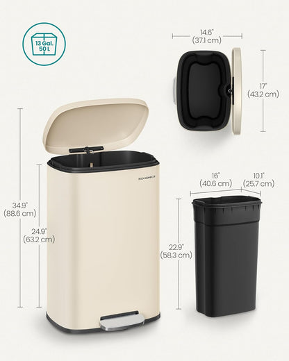 SONGMICS 13 Gallon (50 L) Trash Can, Stainless Steel Kitchen Garbage Can, Recycling or Waste Bin, Soft Close, Step-On Pedal, Removable Inner Bucket, Sand Beige ULTB050A01