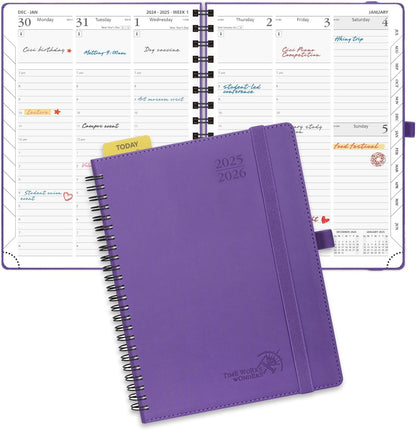 POPRUN Planner 2025-2026 (Medium - 6.5'' x 8.5'') Academic Weekly Calendar (July 2025 - June 2026) with Hourly Time Slots, Monthly Tabs, 100GSM Thick Papers, Spiral Leather Cover - Purple