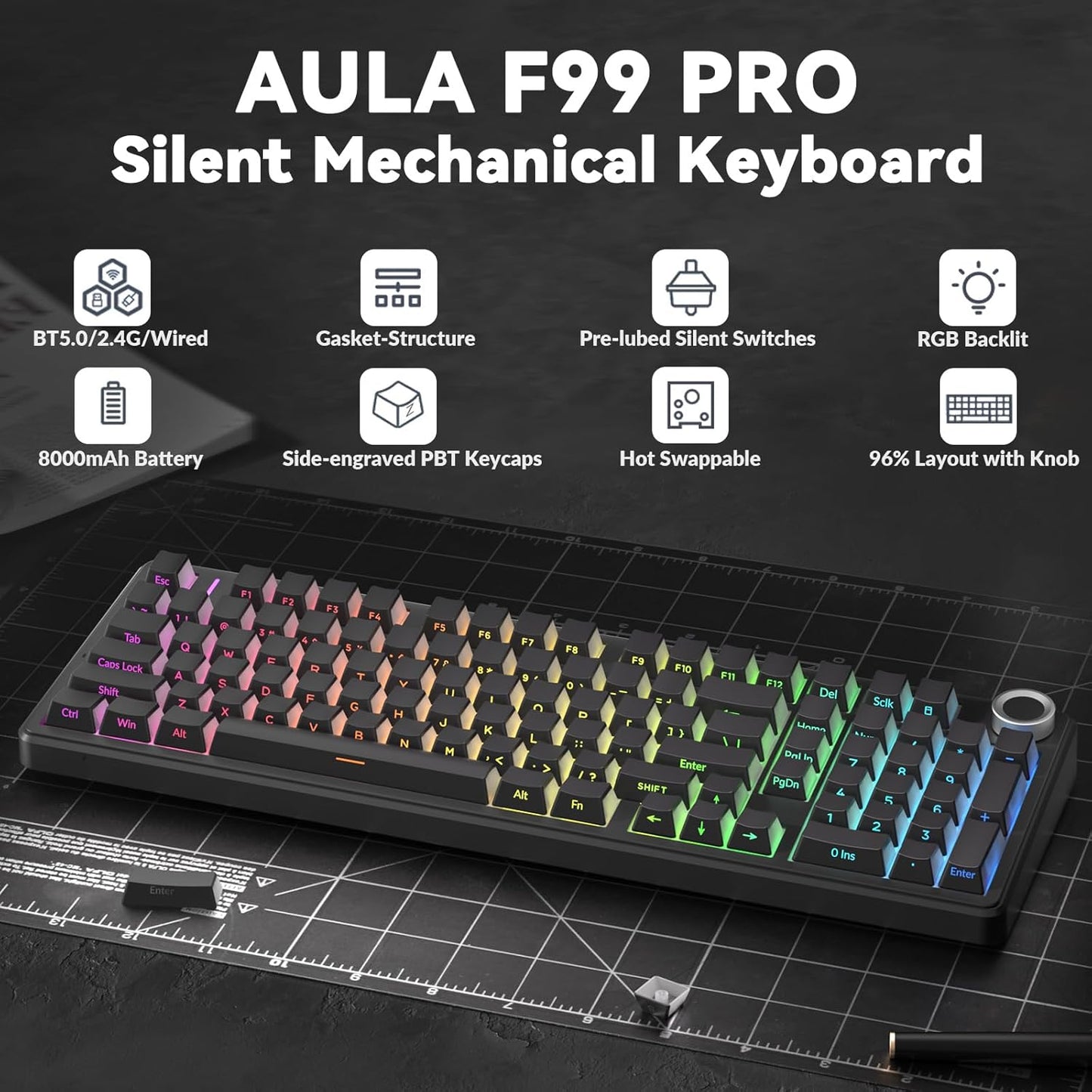 AULA F99 Pro Wireless Mechanical Keyboard-Silent Version,BT5.0/2.4GHz/USB-C Hot Swappable Custom Keyboard,Gasket Structure,Pre-lubed Linear Switches RGB Backlit Computer Gaming Keyboards,Black