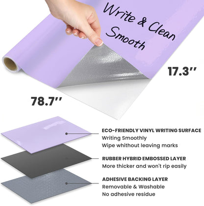 T&W SAME FILM White Board Dry Erase-Colorful Whiteboard Wall Sticker Roll 17.3''X78.7''-Self Adhesive Dry Erase Paper for Desk/Glass/Fridge/Office/Door/Classroom/Kids/Adults-3 Marker-Purple