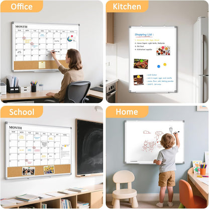 Large Dry Erase Calendar for Wall, 36"x24" Double-Sided Magnetic Whiteboard Calendar with Cork Board, Aluminum Frame Monthly White Board Memo Message Board for Office, Home, School, Kitchen