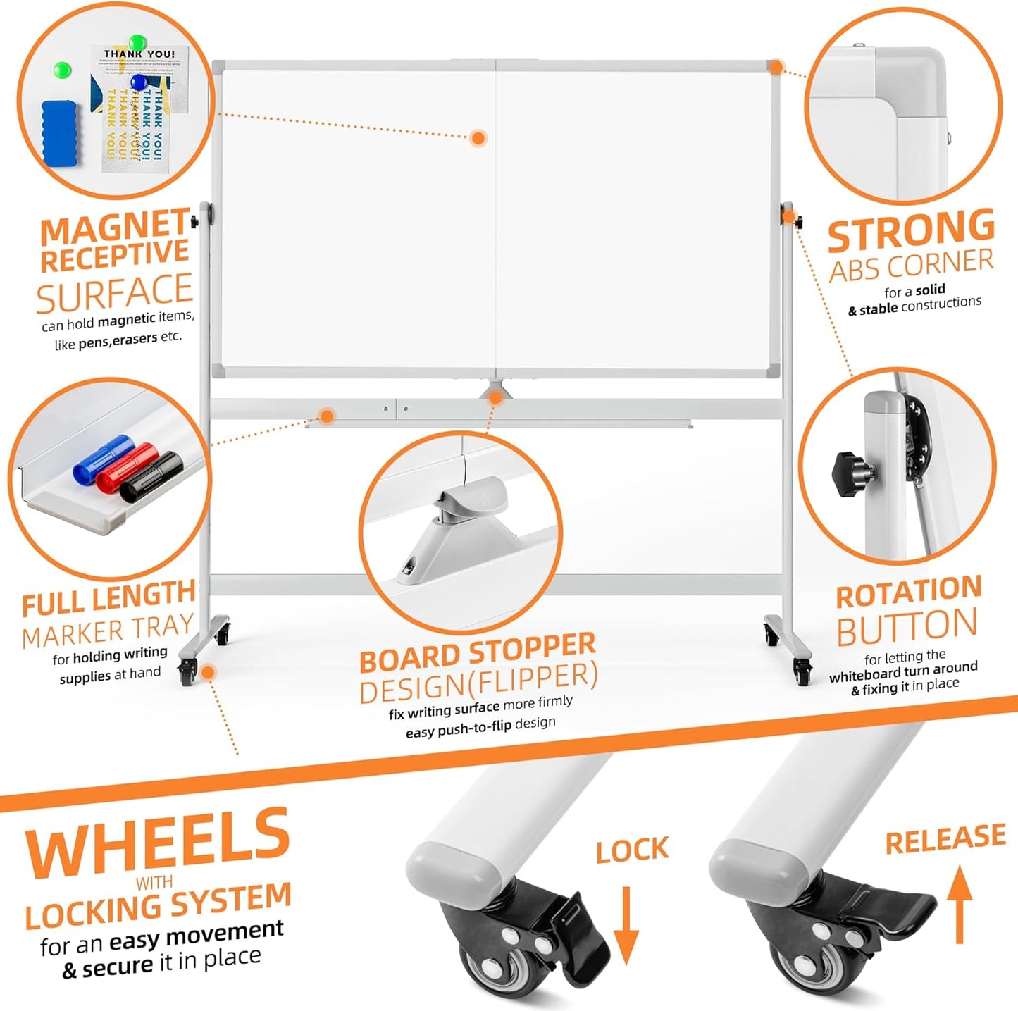 Rolling Whiteboard, 48"x60" White Board with Stands Movable Dry Erase Board on Wheels, Large Double Sided Standing Whiteboard for Office School Classroom Presentation Supplies, Pearl White