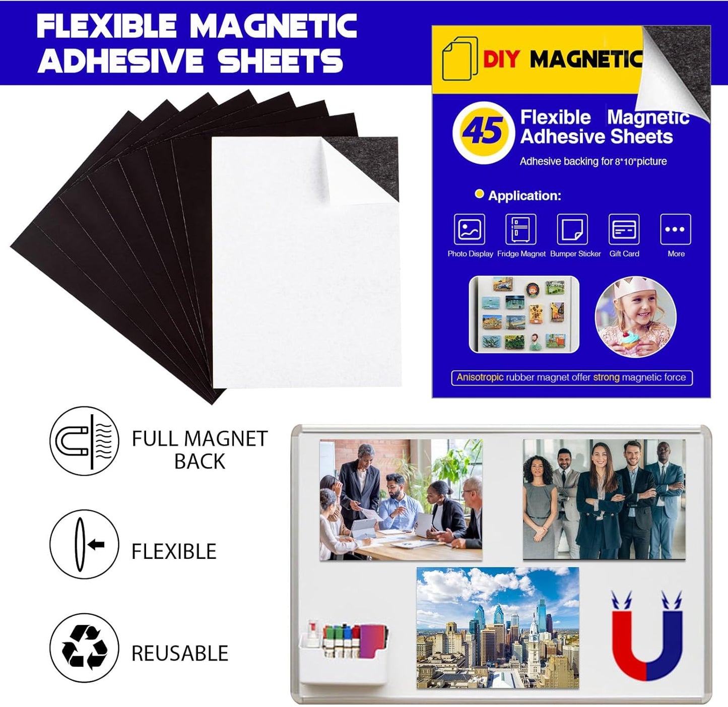 45 Pieces Picture Magnetic Sheets (8X10),Cuttable Photo Magnet Sheets with Adhesive Backing for Home/Classroom/Office/Business