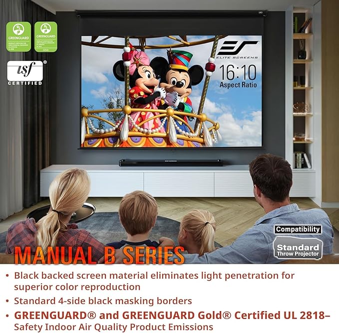 Elite Screens Manual B, 120-INCH, 16:10 aspect ratio, Manual Pull Down Projector Screen 4K / 8K Ultra HDR 3D Ready with Auto-Lock Mechanism, 2-YEAR WARRANTY, M120X