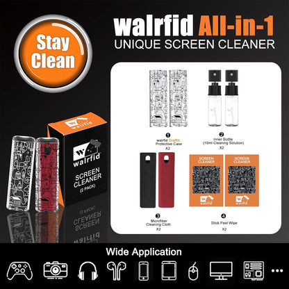 walrfid 2 Pack Car Screen Cleaner, Computer Screen Cleaner Spray and Wipe, Laptop Cleaning Mist Kit for Electronic iPad, iPhone, Phone, MacBook, TV, Car Monitor Display, with Graffiti Case, Black Red