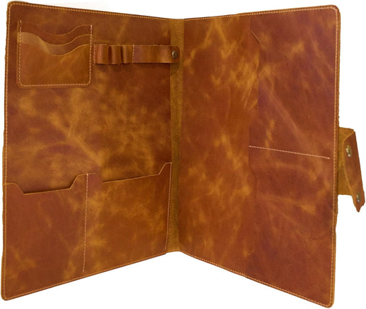 Leather Portfolio Folder - Genuine Leather Document Organizer with Multiple Pockets and Pen Holder – Business Padfolio for A4 Letter Size Papers, Professional Resume or Meeting Use (Whiskey)