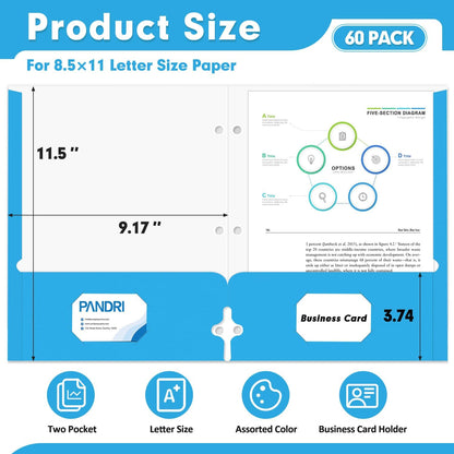 Two Pocket Portfolio Folders, PANDRI 60 Pack 3 Hole Punched 2 Pocket Folders for 3-Ring Binder, Letter Size Paper File Folder for School Office Home Business, Assorted 6 Colors