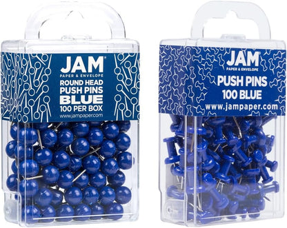 JAM PAPER Colorful Push Pins - Flat & Round Head Thumb Tack Combo Set - Blue Pushpins - 200/Pack