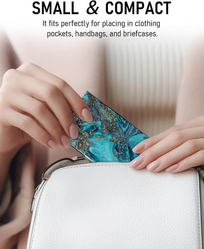 Business Card Metal Slim Organizer, Professional Stainless Steel Square Pocket Wallet for Office Workers, Compact and Portable for Pockets (Blue Gold Marble)