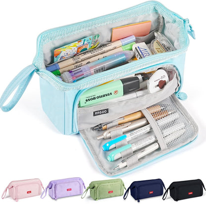 Pencil Case Pouch Large Capacity with Compartments, Pencil Case Pouch Bag with Zipper Handle for Teen Girls Boys Adults Women Men, Portable Pen Bag Stationery Organizer for Office School Travel, Blue