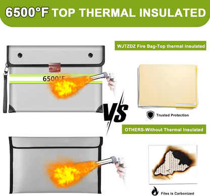 2025 Upgraded Fireproof Document Bag with Lock, 6500°F Fireproof/Waterproof Money Bag with Zipper/Reflective Strip,Storage Pouch for A4 Letter Size Document,Cash,Cell Phone,Passport