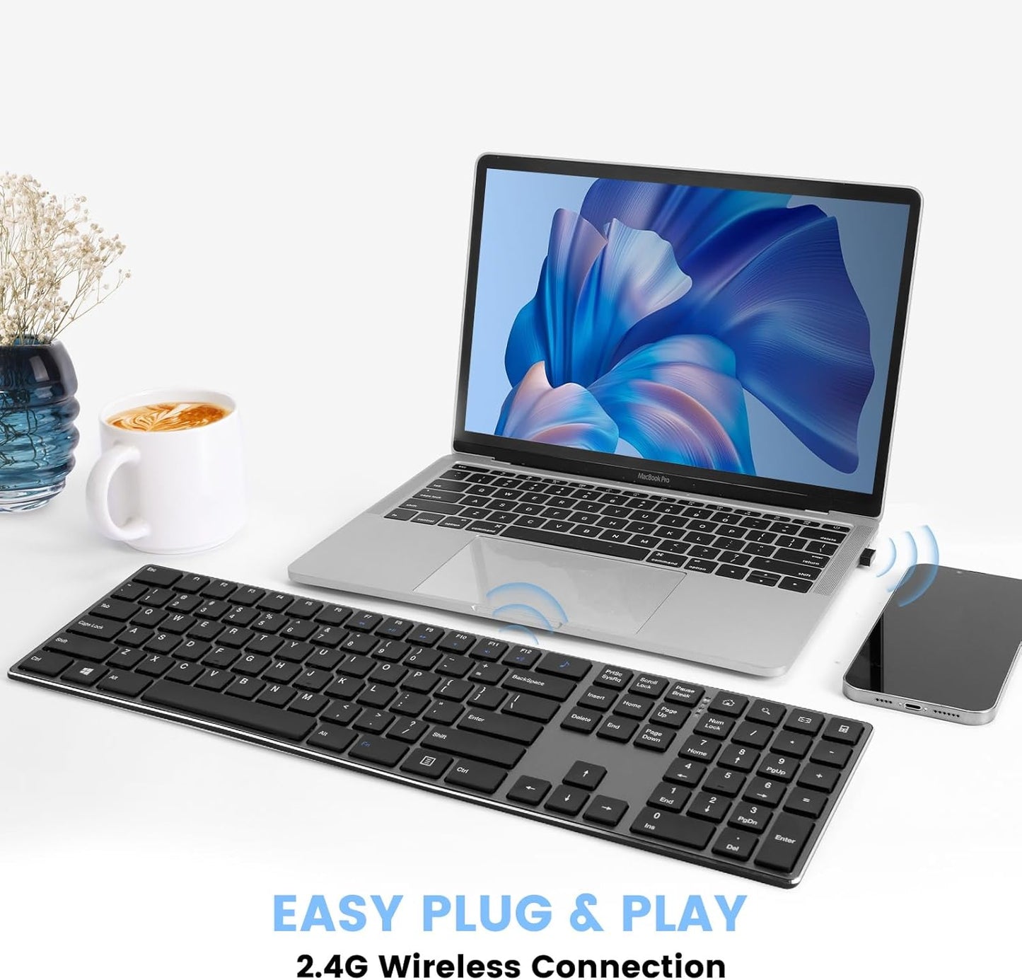 K01R Wireless Keyboard, 2.4G Slim and Compact Wireless Keyboard with Numeric Keypad, Long Battery Life, Lag-Free for PC Laptop Computer Windows, Space Grey