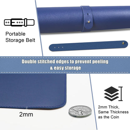 Large Desk Pad 35.4" x 17", Non-Slip Desk Mat with PU Leather & Natural Cork, Waterproof Writing Desk Natural Cork, Computer Mat Desk Protector for Office Home, Dark Blue