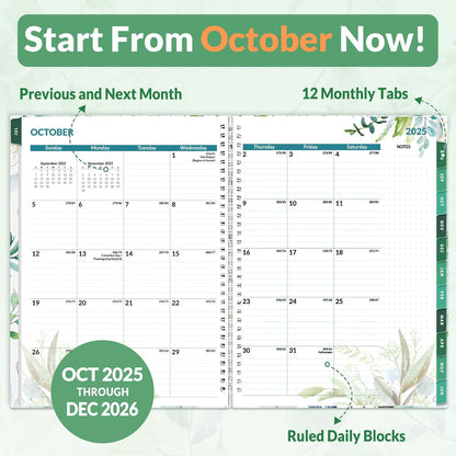 SUNEE 2026 Weekly and Monthly Planner - from January 2026 - December 2026, 8.5"x11" Daily Agenda Planner with Monthly Tab, Flexible Cover, Note Pages, Pockets, Bookmark, Spiral Binding, Eucalyptus