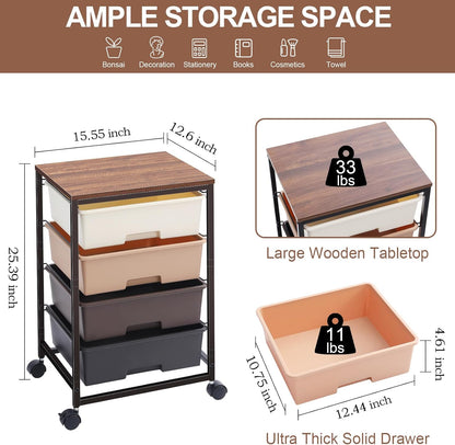 Utility Cart with 4 Drawers,Rolling Storage Cart with Drawers,Storage Rolling Drawer Cart,Brown
