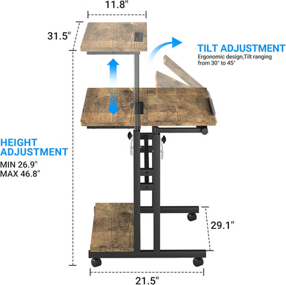 Mobile Standing Desk, Adjustable Rolling Computer Desk with 3 Desktops, Portable Laptop Table with Cup Holder, Home Office Laptop Workstation on Lockable Wheels, Black, Rustic Brown