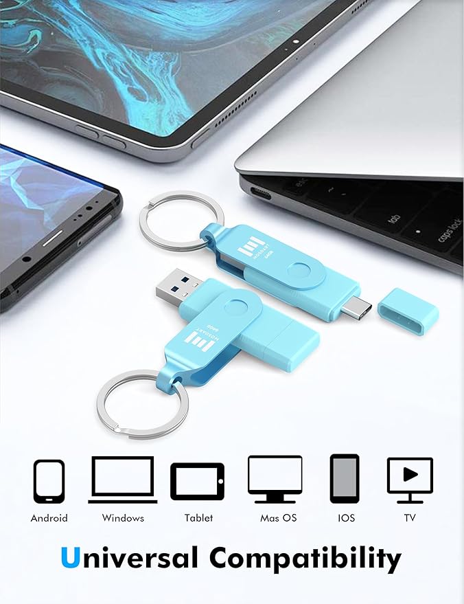 MOSDART 64GB USB3.1 Fast Speed C and A Dual Flash Drive, exFAT Memory Stick with Keychain and LED Indicator, for iPhone 15,16,17, Android Phone, iPad, MacBook, and Other Laptops, Sky Blue