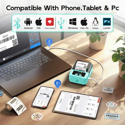 Phomemo M120 Label Maker Machine with Tape, 2 Inch Bluetooth Label Printer for Small Bussiness, Office, Home, School, Barcode Label Maker with Versatile App with 1000+Icons and 100 Fonts, Green