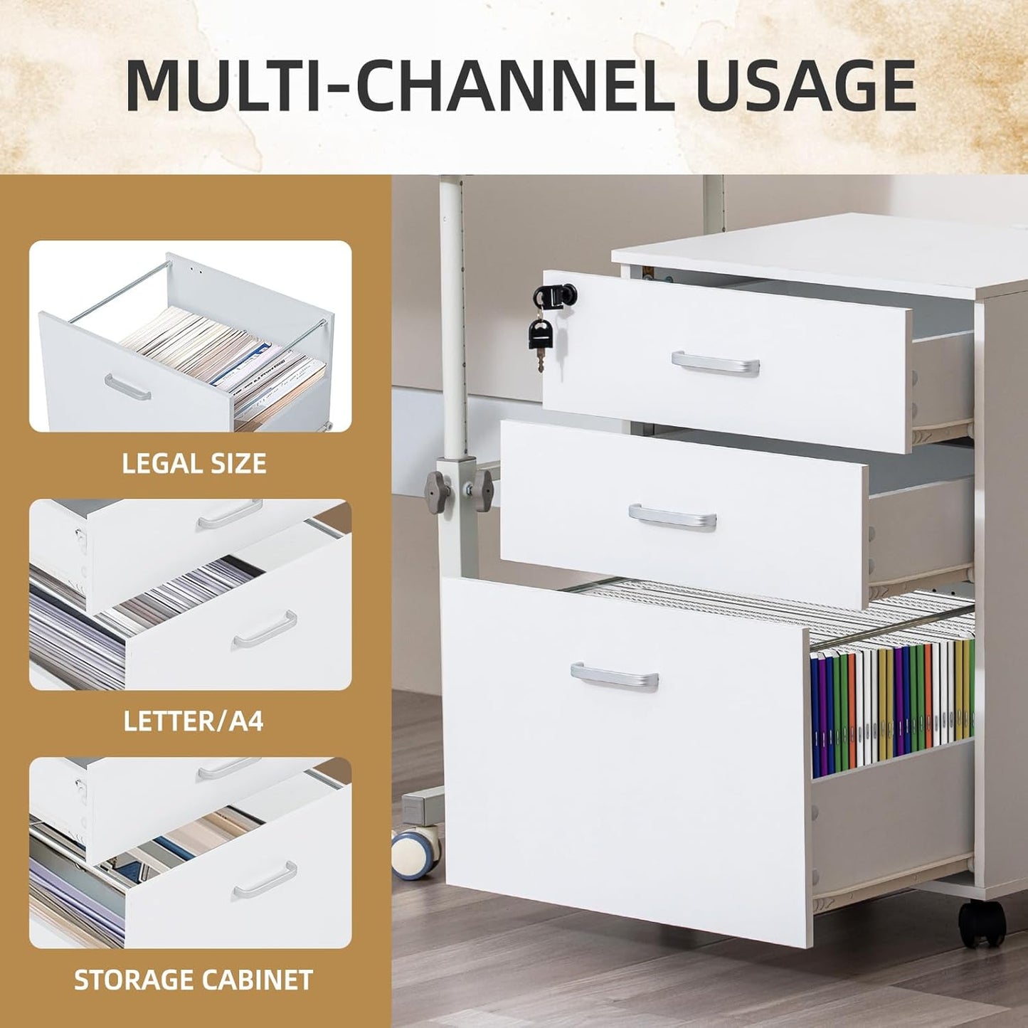 QDSSDECO 3 Drawer Mobile File Cabinet, Rolling Vertical Filing Cabinet fits A4, Legal Paper and Letter Paper for Home Office, White with Lock