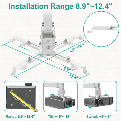 WALI Projector Mount Ceiling/Wall - Universal 3-in-1 Bracket with Extension Pole, Height Adjustable Holder for LCD/DLP Projectors, Supports up to 44lbs, White (PM-003-W)