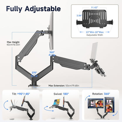 Suptek Monitor Laptop Mount Stand, 2 in 1 Function Dual Monitor Arms Desk Mount for 11"-17" Notebook and 17"-32" Monitor with Laptop Tray,Holds up to 22lbs