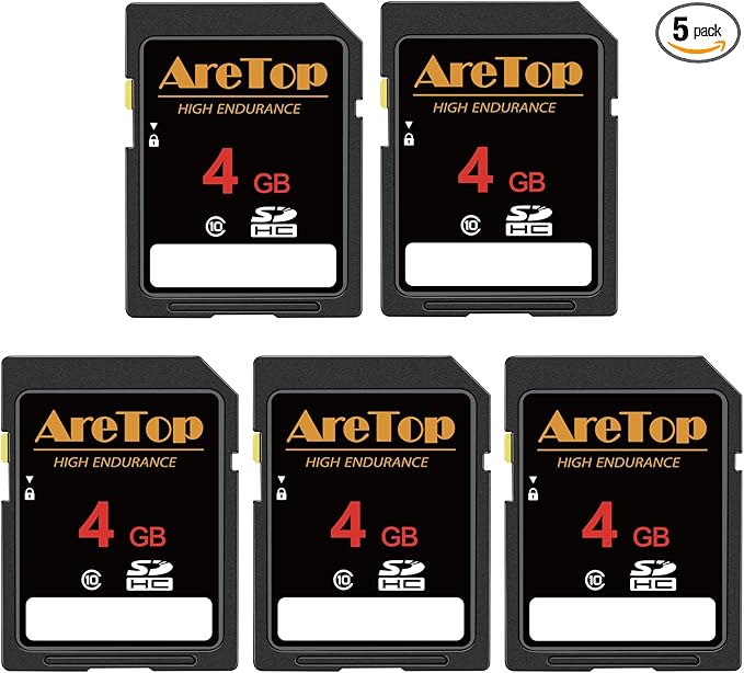 AreTop SD Card 4GB, 5 Pack Class 10 SDHC Memory Card, 5 Pack 4GB Full HD Video Secure Digital Cards for Cameras, DSLR, Action Cams and Trail Camera
